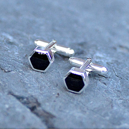 Hand crafted hexagon Whitby Jet and sterling silver cufflinks with T bar