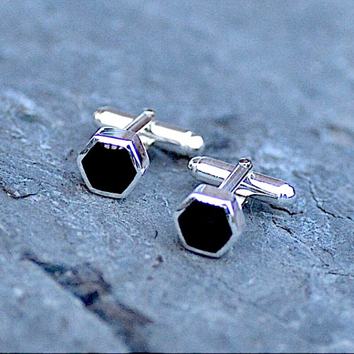 Hand crafted hexagon Whitby Jet and sterling silver cufflinks with T bar fastenings