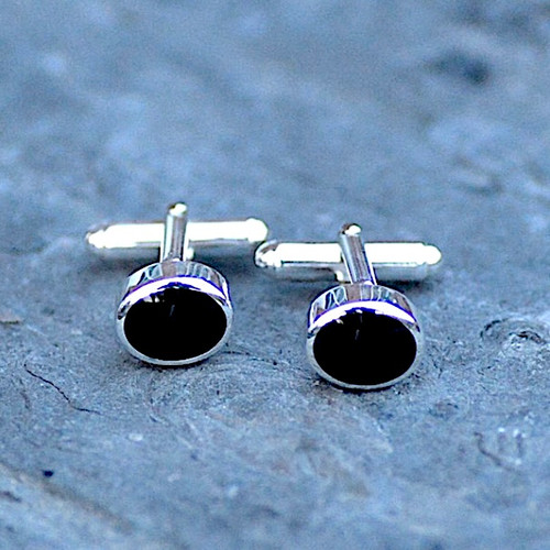Hand crafted sterling silver T-bar cufflinks with oval Whitby Jet