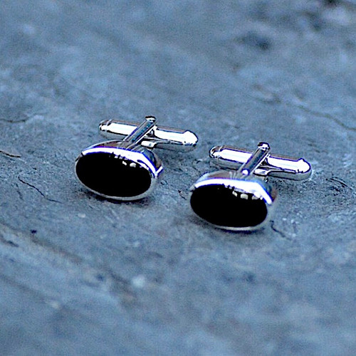 Hand crafted sterling silver and Whitby Jet oval gents T bar cufflinks