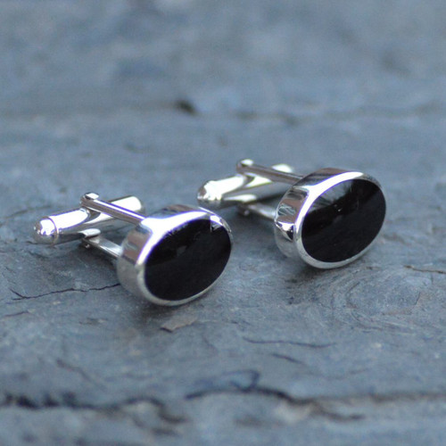 Hand crafted oval sterling silver cufflinks with Whitby Jet and swivel bar fastenings