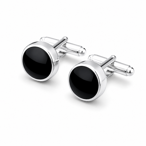 Deep Round Sterling Silver Whitby Jet Cufflinks 005CL