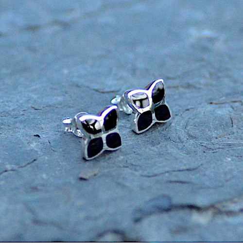 Hand crafted Whitby Jet and sterling silver four leaf clover multi stone stud earrings