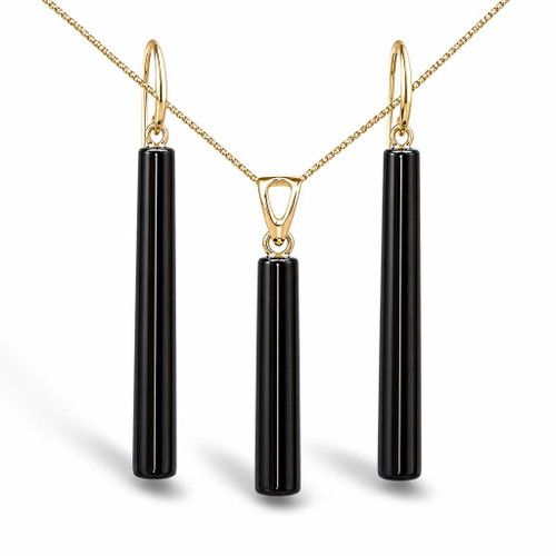 Matching gift set of long cylindrical Whitby Jet drop pendant and earrings on 9ct gold
