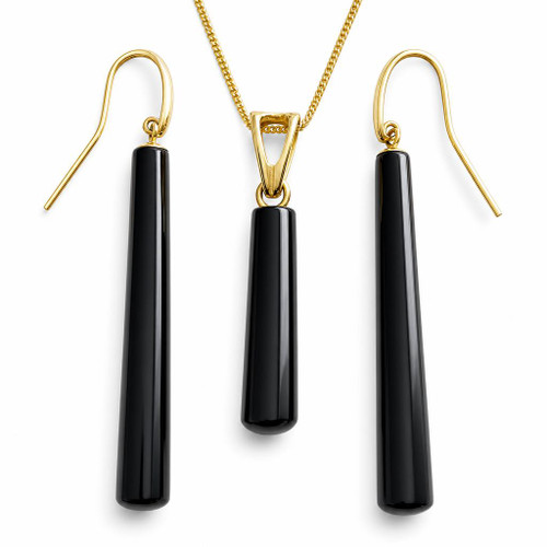 Matching gift set of long cylindrical Whitby Jet drop pendant and earrings on 9ct gold