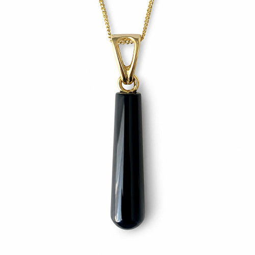 Handmade Whitby Jet cylindrical drop pendant with 9ct gold chain