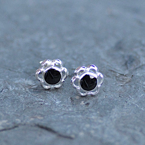 Hand crafted fancy black circular studs with sterling silver frill and bead edge