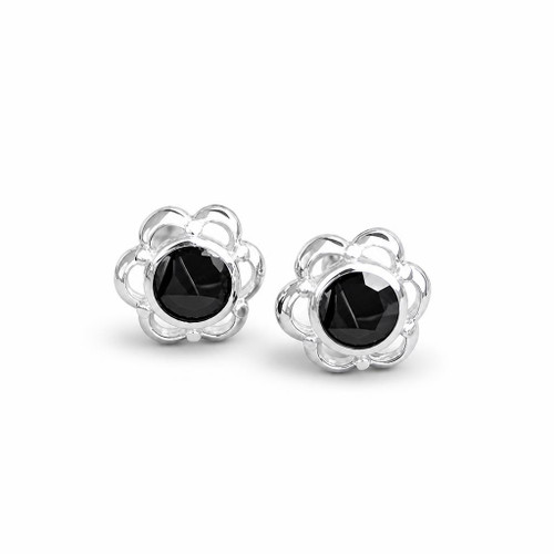 Hand crafted fancy black circular studs with sterling silver frill and bead edge