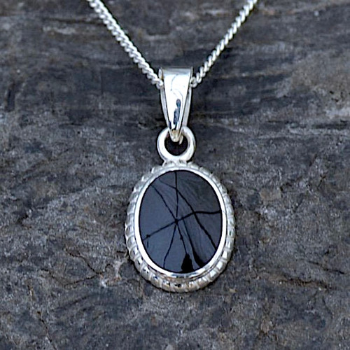Small traditional oval rope edge Whitby Jet and sterling silver pendant