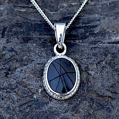 Small traditional oval rope edge Whitby Jet and sterling silver pendant necklace