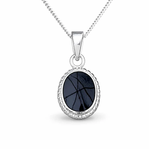 Small traditional oval rope edge Whitby Jet and sterling silver pendant necklace
