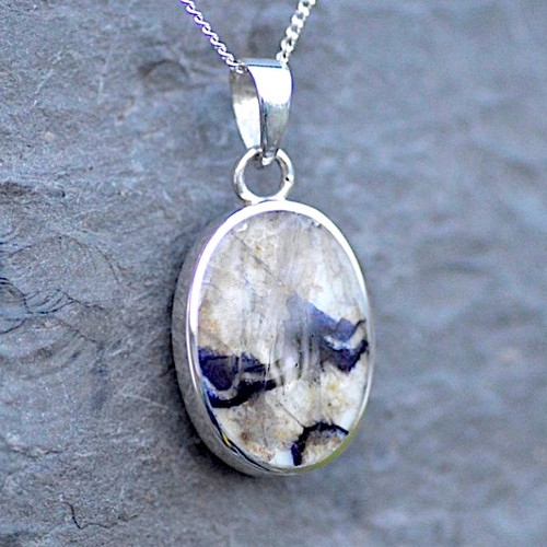 Handmade reversible Whitby Jet and Derbyshire Blue John oval pendant necklace