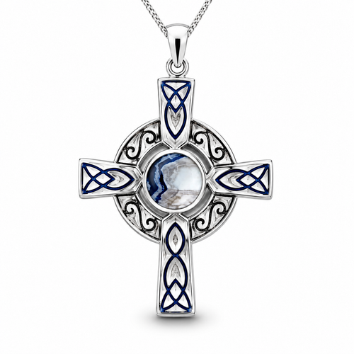 Large Sterling Silver Blue John Celtic Cross Pendant Necklace 065BJS