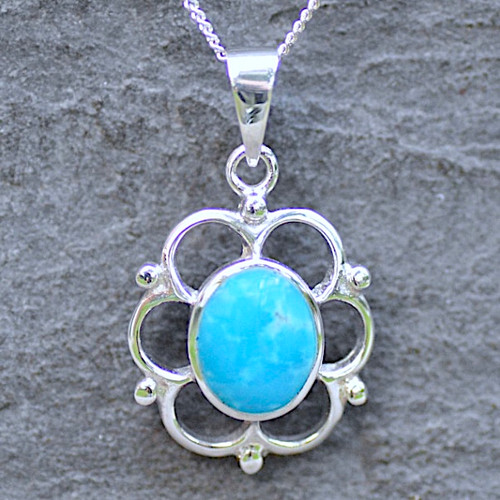 Kingman blue turquoise and sterling silver oval frill and bead pendant