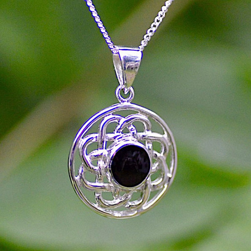 Whitby Jet Celtic pendant on sterling silver curb chain