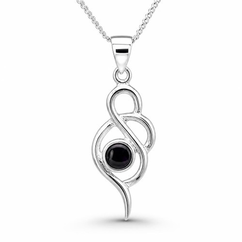 Contemporary sterling silver pendant with round Whitby Jet stone on curb chain