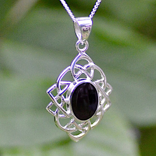 Large diamond shaped silver Celtic pendant with oval Whitby Jet stone