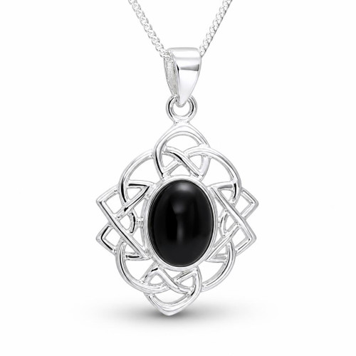 Large diamond shaped silver Celtic pendant with oval Whitby Jet stone