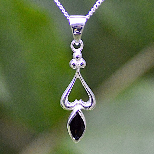 Dainty sterling silver pendant with hand carved Whitby Jet marquise stone