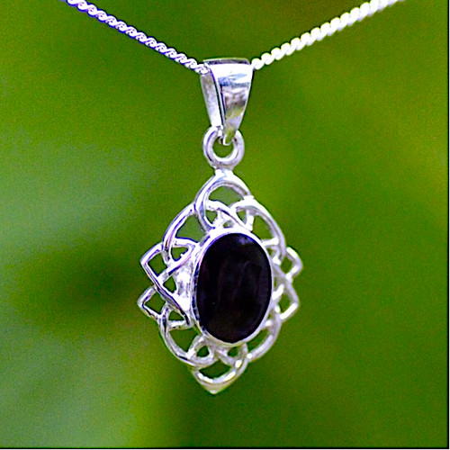 Sterling silver diamond shaped Celtic pendant with oval Whitby Jet stone