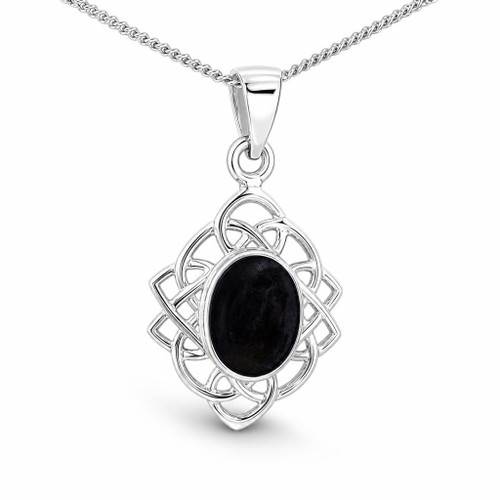 Sterling silver diamond shaped Celtic pendant with oval Whitby Jet stone