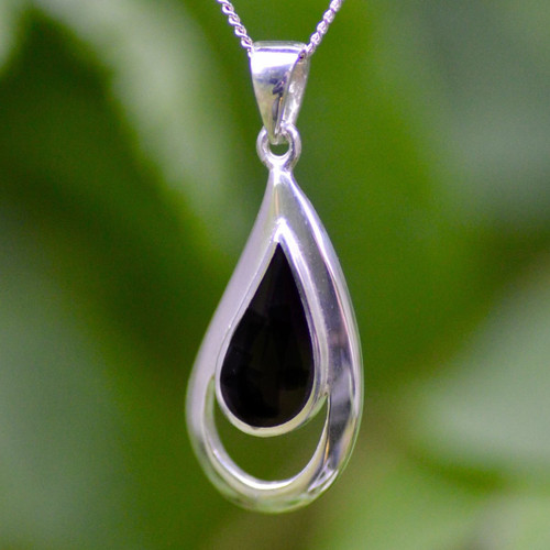 Whitby Jet Sterling Silver Framed Teardrop Pendant Necklace 474P