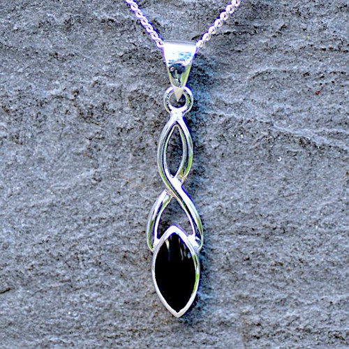 Celtic sterling silver pendant with marquise Whitby Jet stone