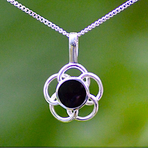 Small 925 silver floral necklace with Whitby Jet