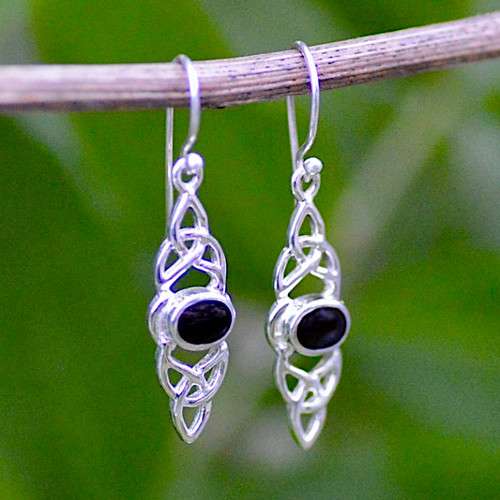 Hand crafted sterling silver drop earrings with Whitby Jet and double trinity knot