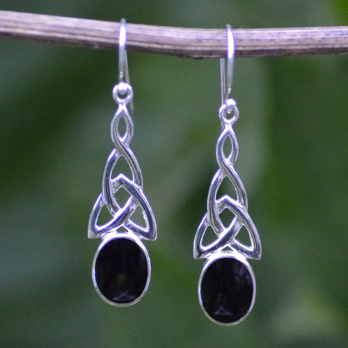 Large sterling silver Whitby Jet Celtic oval stone drop earrings