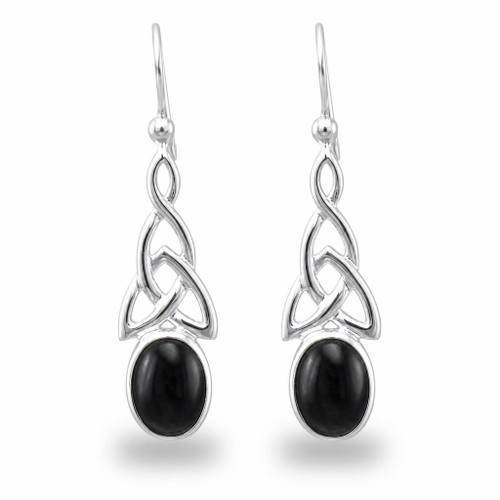 Large sterling silver Whitby Jet Celtic oval stone drop earrings