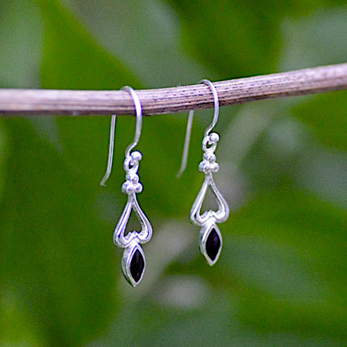 Delicate small sterling silver drop earrings with marquise Jet stones