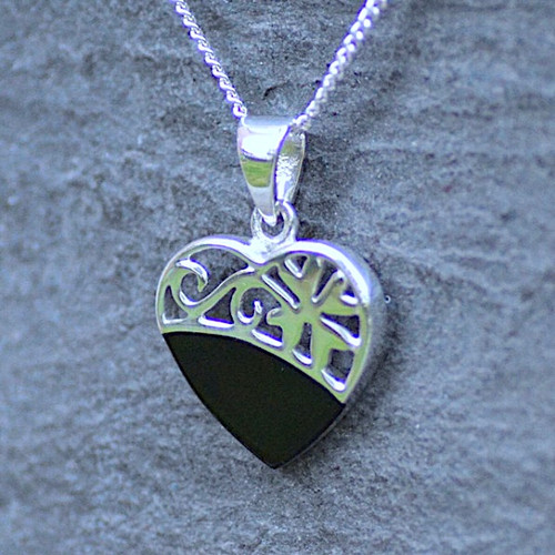 Fancy Whitby Jet and 925 silver heart pendant on silver curb chain