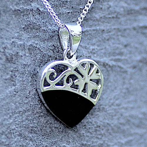 Handcrafted contemporary Whitby Jet and sterling silver heart pendant necklace