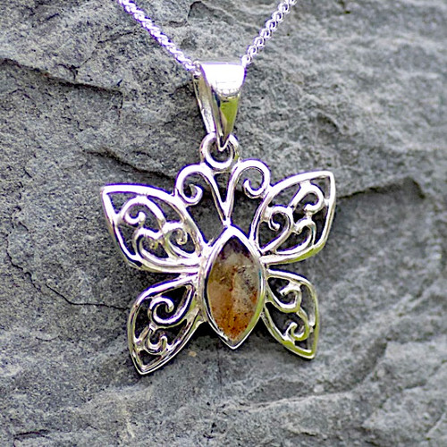 Hand crafted Derbyshire blue john butterfly pendant on sterling silver curb chain