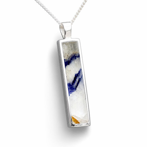 Long slim oblong Derbyshire blue john and sterling silver solid backed pendant