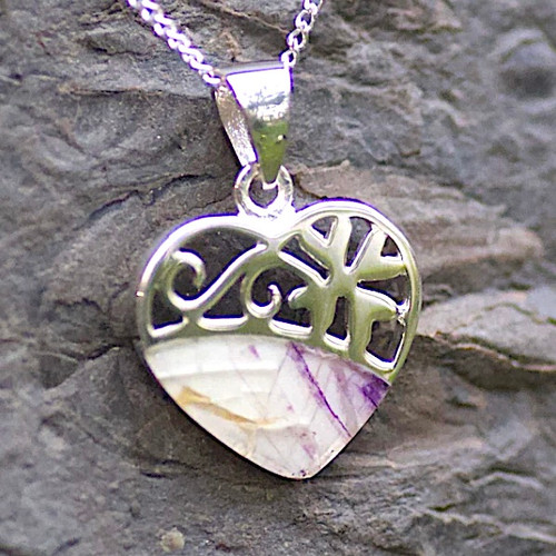 Contemporary sterling silver and Derbyshire blue john heart pendant necklace