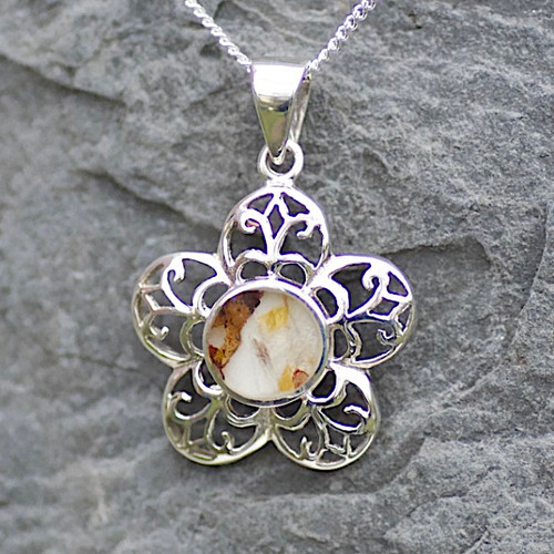 Hand crafted Derbyshire blue john flower pendant on sterling silver curb chain