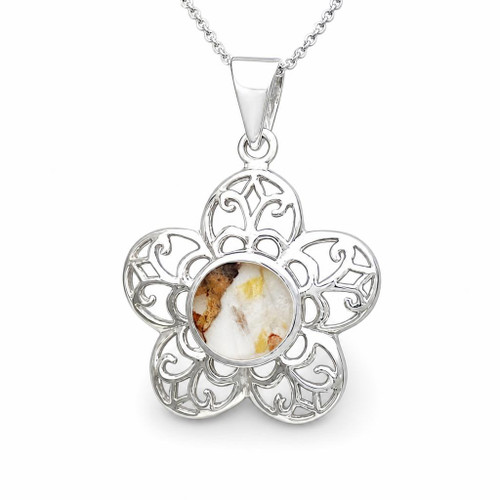 Hand crafted Derbyshire blue john flower pendant on sterling silver curb chain