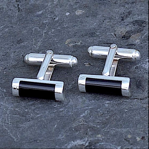 Contemporary sterling silver and Whitby Jet barrel cufflinks with T bar fastening