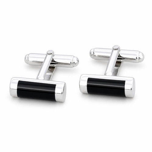 Contemporary sterling silver and Whitby Jet barrel cufflinks with T bar fastening