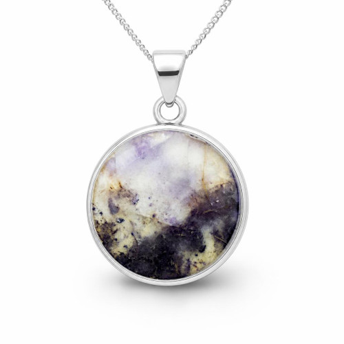 Hand crafted Derbyshire blue john sterling silver round stone pendant necklace