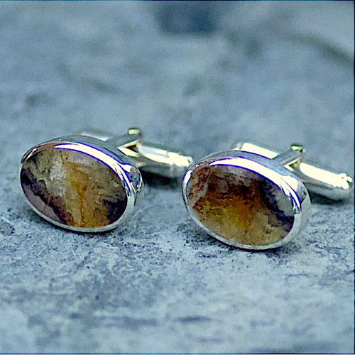 Contemporary large oval sterling silver Derbyshire Blue John T bar cufflinks