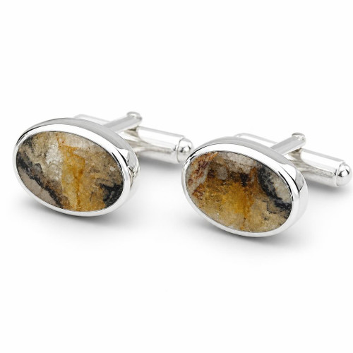 Contemporary large oval sterling silver Derbyshire Blue John T bar cufflinks