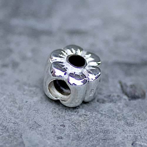 Hand crafted sterling silver Whitby Jet floral charm bead for bracelet