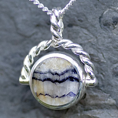 Round rope edge sterling silver Whitby Jet and Derbyshire Blue John reversible pendant