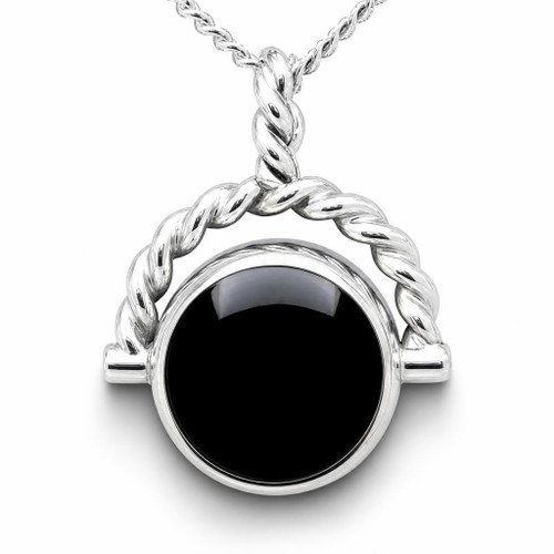 Round rope edge sterling silver Whitby Jet  Derbyshire Blue John reversible pendant