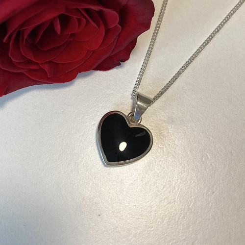 Hand crafted sterling silver Whitby Jet heart necklace with gift case