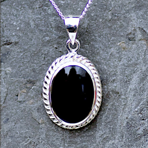 Handmade medium Whitby Jet and sterling silver oval rope edge pendant