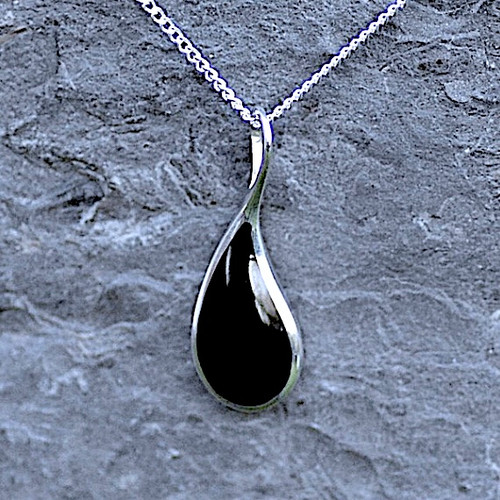 Curved Whitby Jet teardrop pendant necklace with sterling silver curb chain